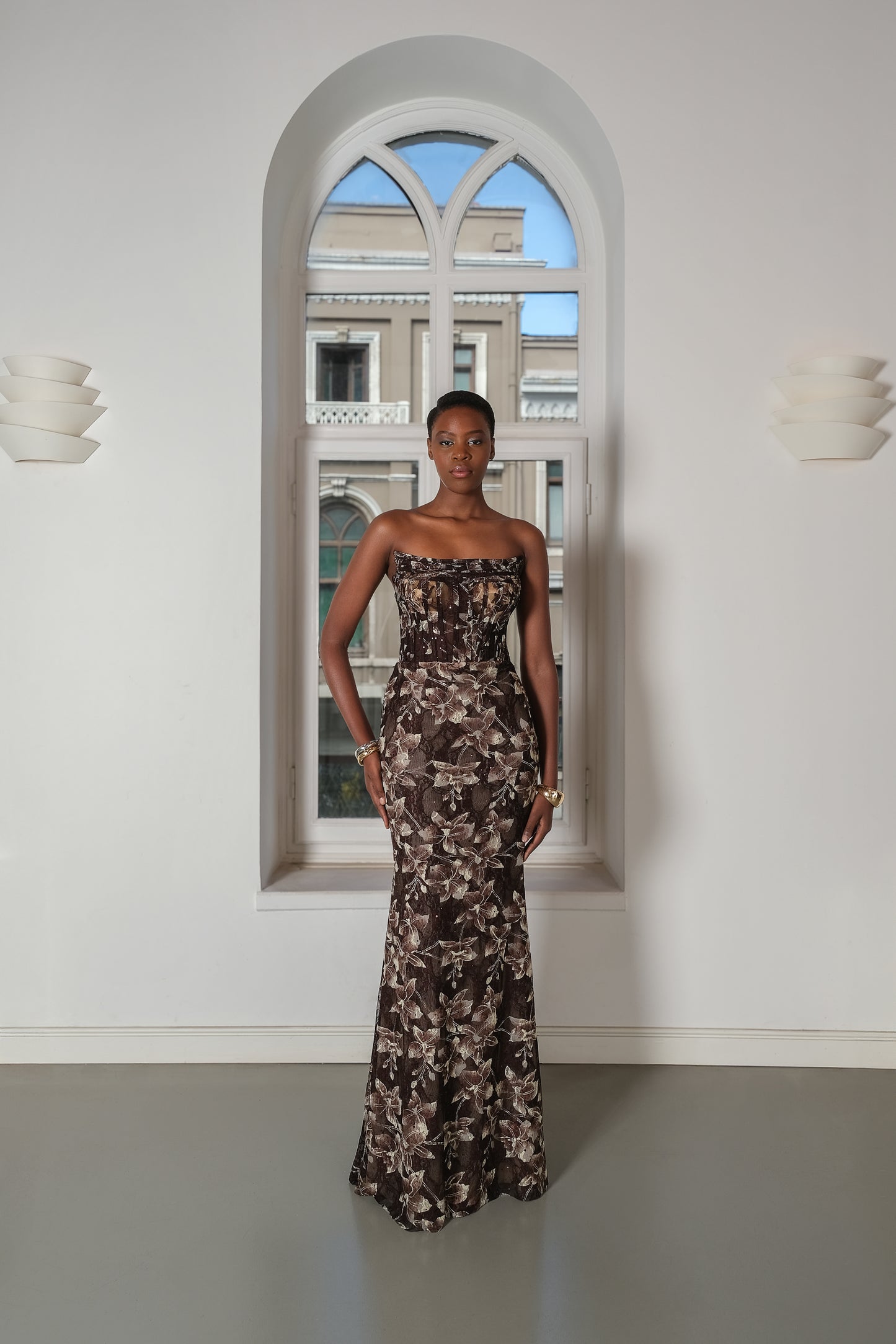 Leila - Brown Draped Lace Maxi Dress