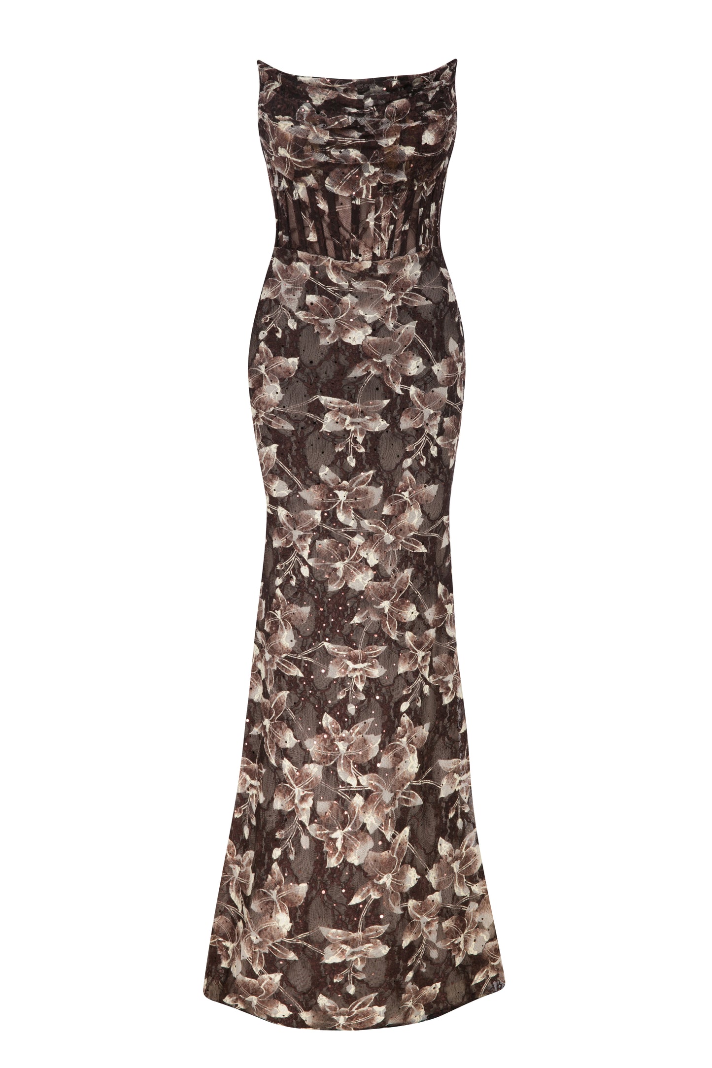 Leila - Brown Draped Lace Maxi Dress
