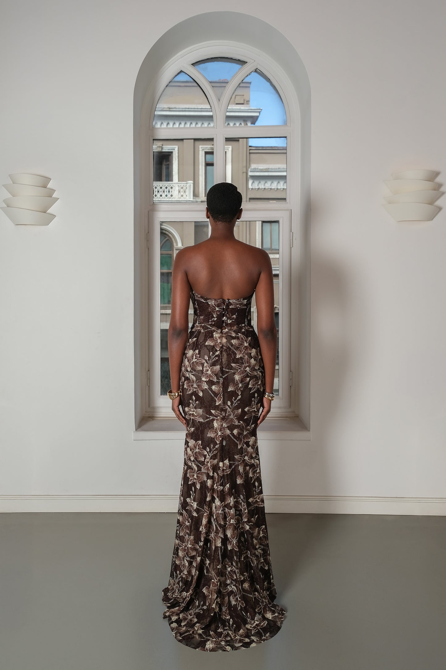 Leila - Brown Draped Lace Maxi Dress