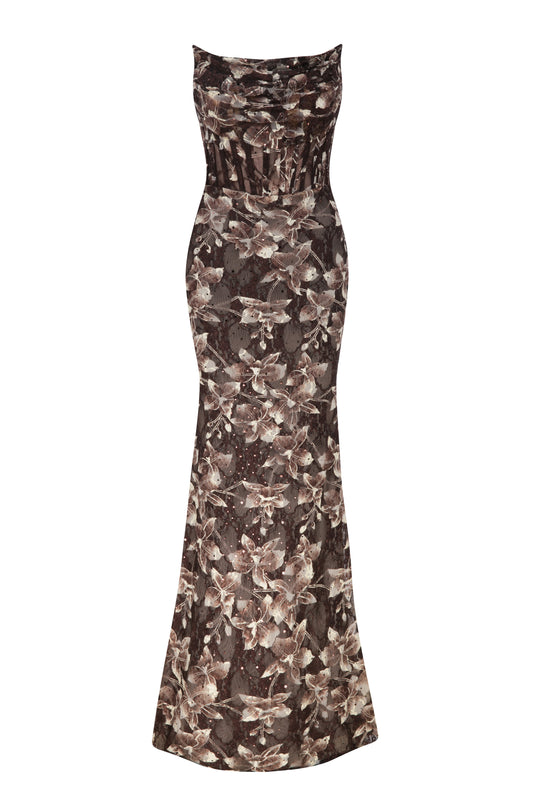 Leila - Brown Draped Lace Maxi Dress